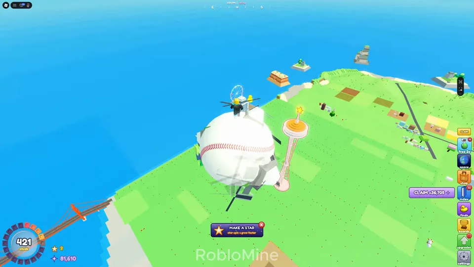 A ball wearing a white baseball skin rolling along a sunny coastline at size 421 with the Make a Star prompt