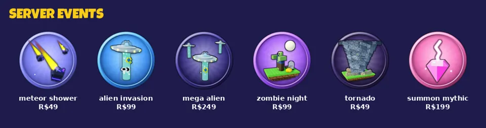Icons for meteor shower, alien invasion, mega alien invasion, zombie night, tornado and summon mythic