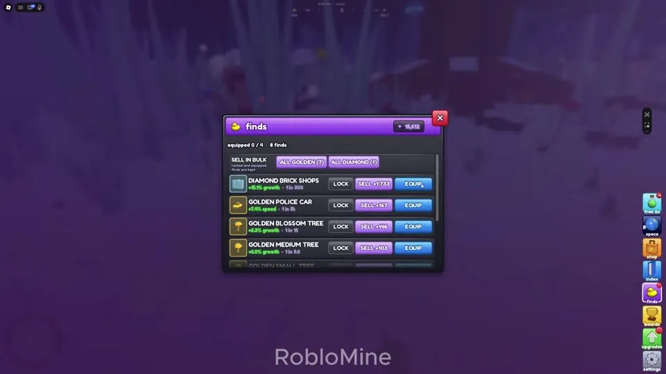 Finds menu with diamond brick shops (+15.1% growth, 1 in 300), golden police car (+7.4% speed, 1 in 5k), golden blossom tree and golden medium tree