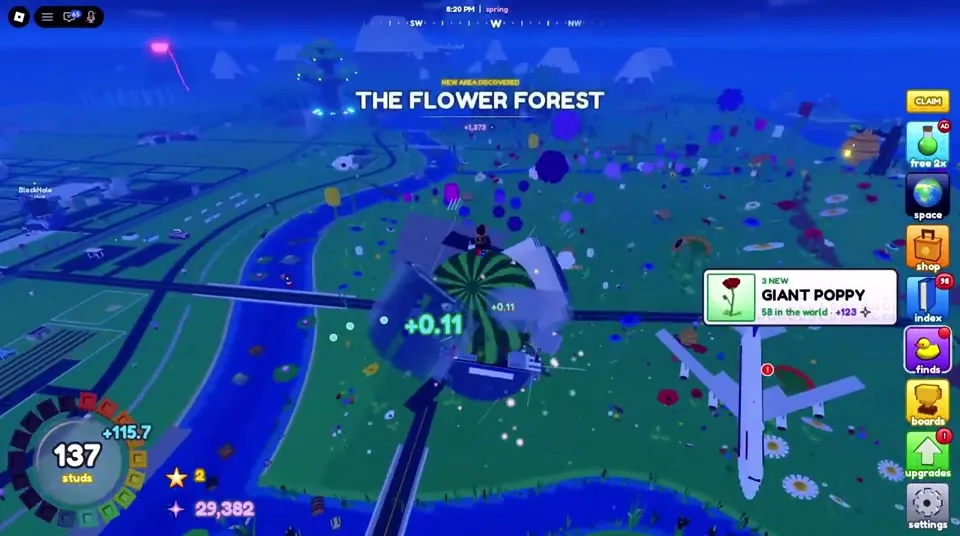 Ball at 137 studs entering The Flower Forest with a giant poppy