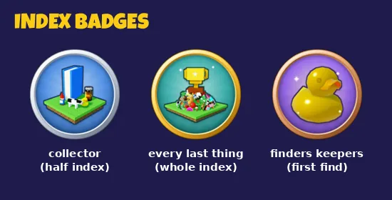 Index badge icons: collector, every last thing and finders keepers