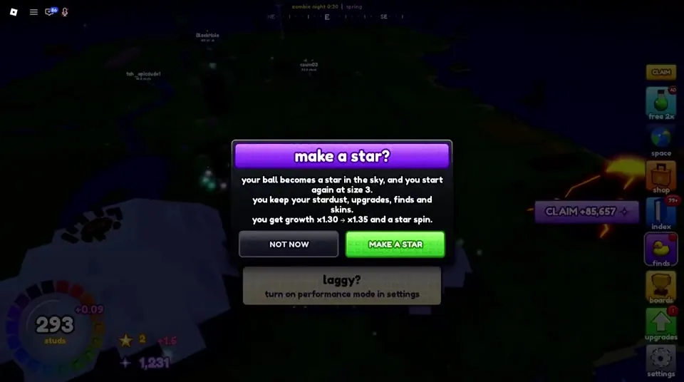 Make a star dialog: your ball becomes a star in the sky and you start again, keeping stardust, upgrades, finds and skins
