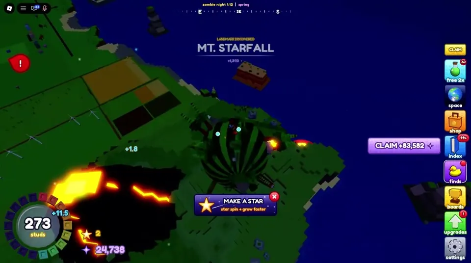 Mt. Starfall erupting with lava while the ball rolls nearby at 273 studs