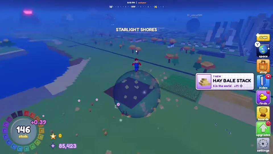 Ball at 146 studs at night on Starlight Shores with a new item popup for hay bale stack
