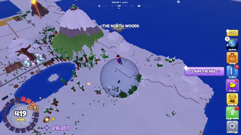 Ball at 419 studs crossing The North Woods next to a lake