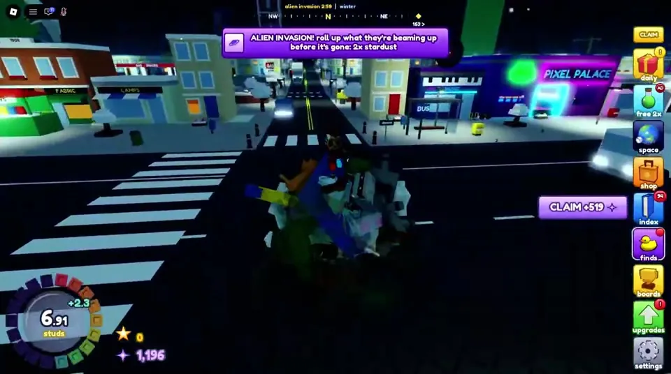 Ball rolling across a crosswalk at night past the Pixel Palace