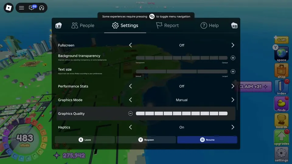 Roblox settings menu showing graphics mode and graphics quality