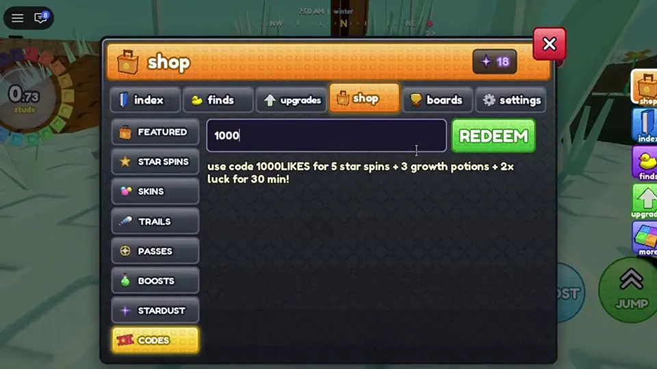 Shop window open on the Codes tab with 1000 typed in and the green Redeem button