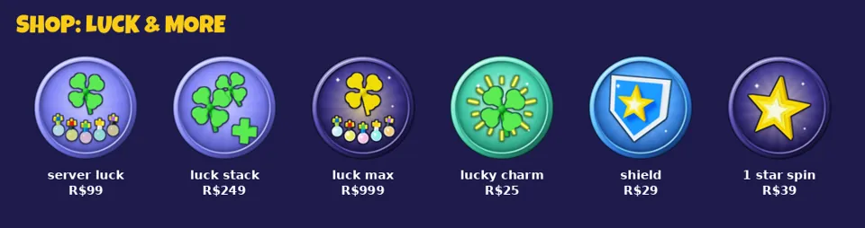 Server luck, stack, max, lucky charm, shield and star spin icons