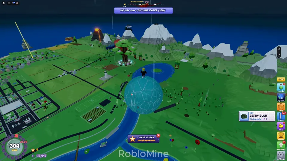 A huge glowing ball at size 304 rolling across green hills and a river with the Make a Star prompt showing