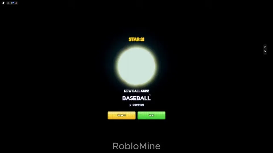 Star screen showing a glowing star and a new ball skin called Baseball