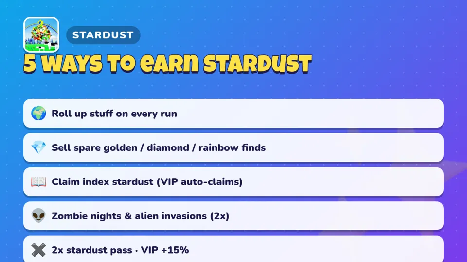 Five ways to earn stardust in roll the world: runs, selling finds, index claims, events and multipliers