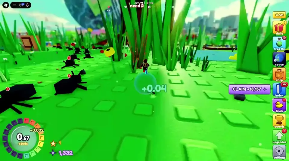 A tiny ball at 0 studs rolling between giant blades of grass and bugs
