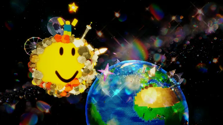 Smiley ball covered in rolled-up objects next to planet Earth