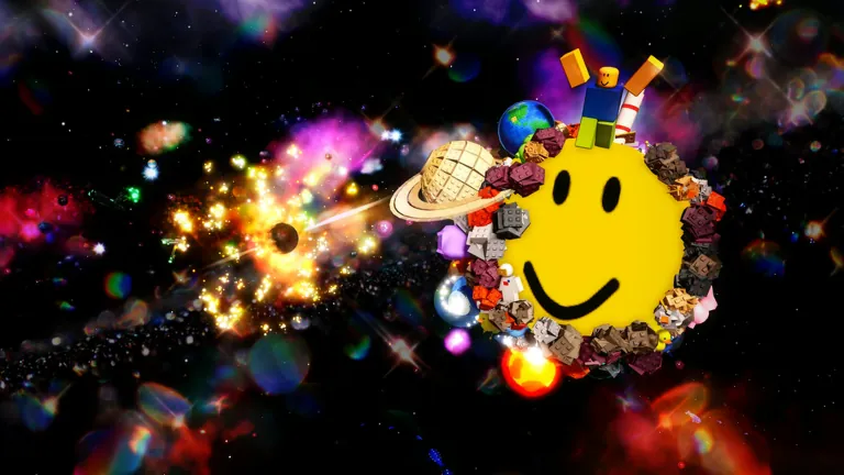 A huge smiley ball covered in planets and debris flying through colourful space