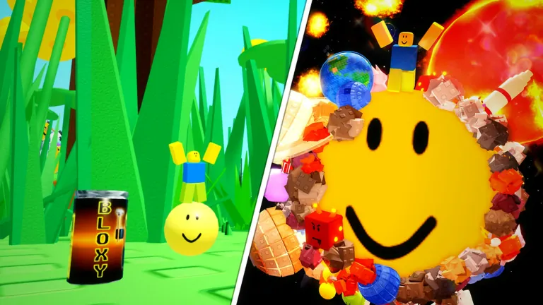 Split thumbnail: a tiny smiley ball next to a soda can in the grass, and the same ball grown huge in space