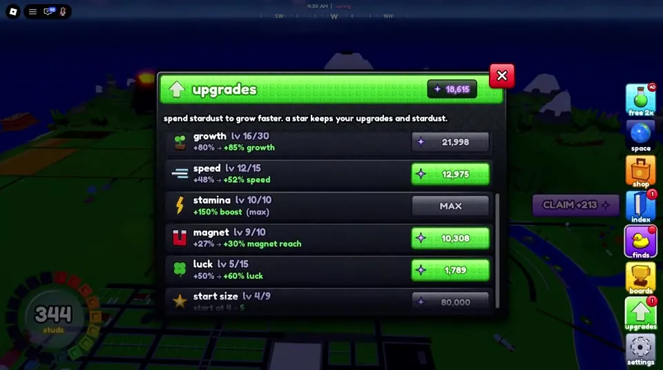 Upgrades menu with stamina at max 10/10 and growth at 16/30