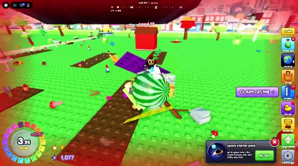 Watermelon ball skin rolling on grass with a popup in the corner